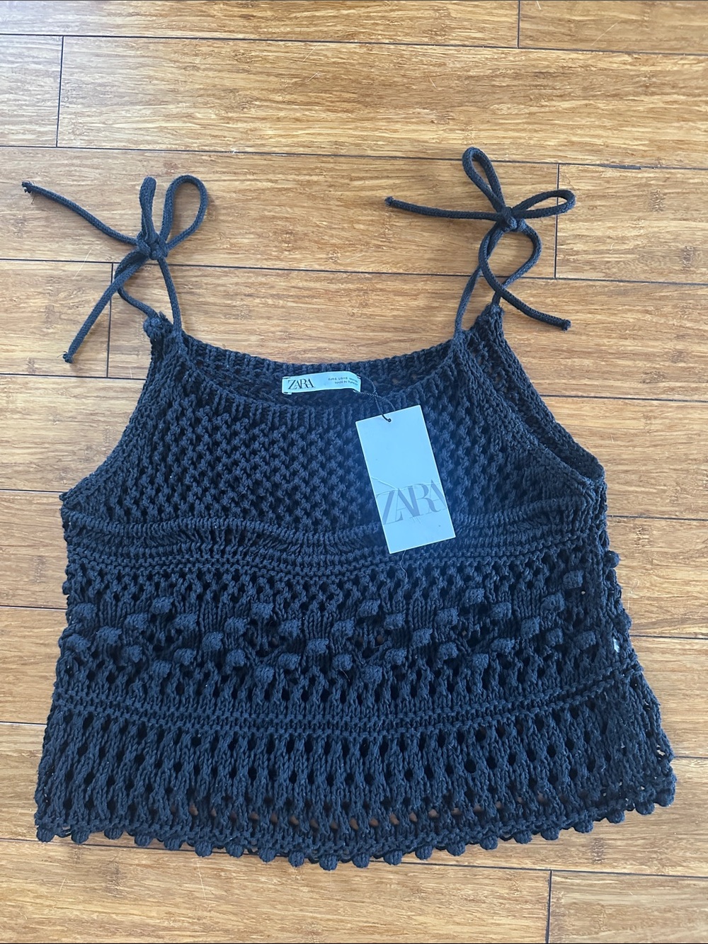ZARA Black Crochet Tie-Shoulder Crop Camisole